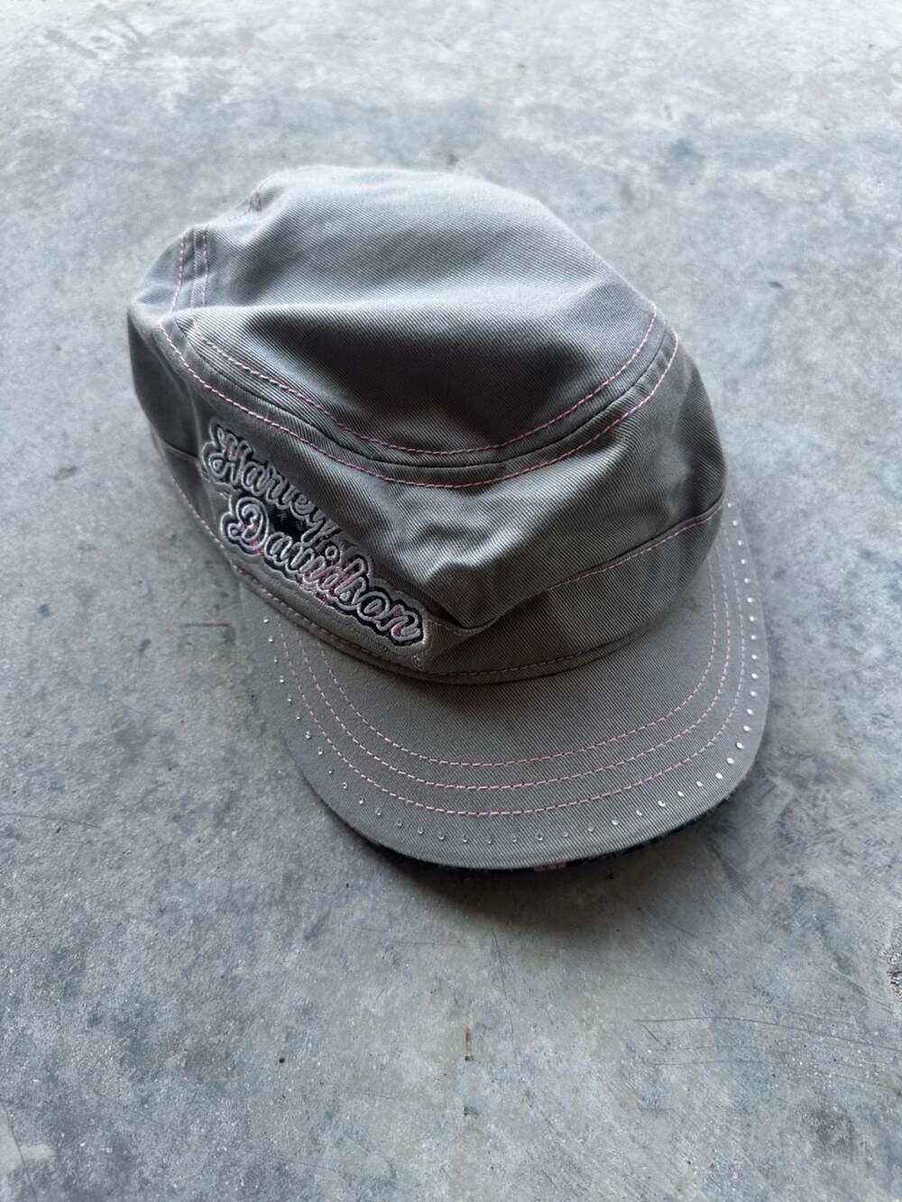Harley-Davidson Grey Cadet Military Cap Hat Pink Embroidery Rhinestones